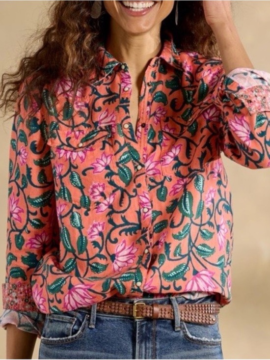 Sundance Tops - Sundance Willow 100% Linen Floral Snap Button-Down Shirt Southwestern Bohemian